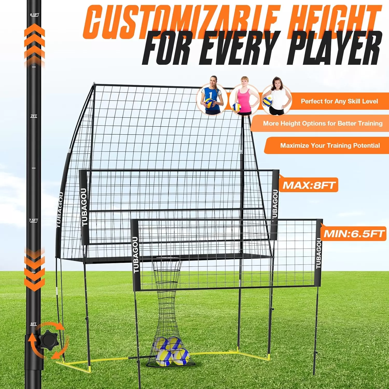 Rete da allenamento per pallavolo con altezza regolabile e sistema di recupero palla.