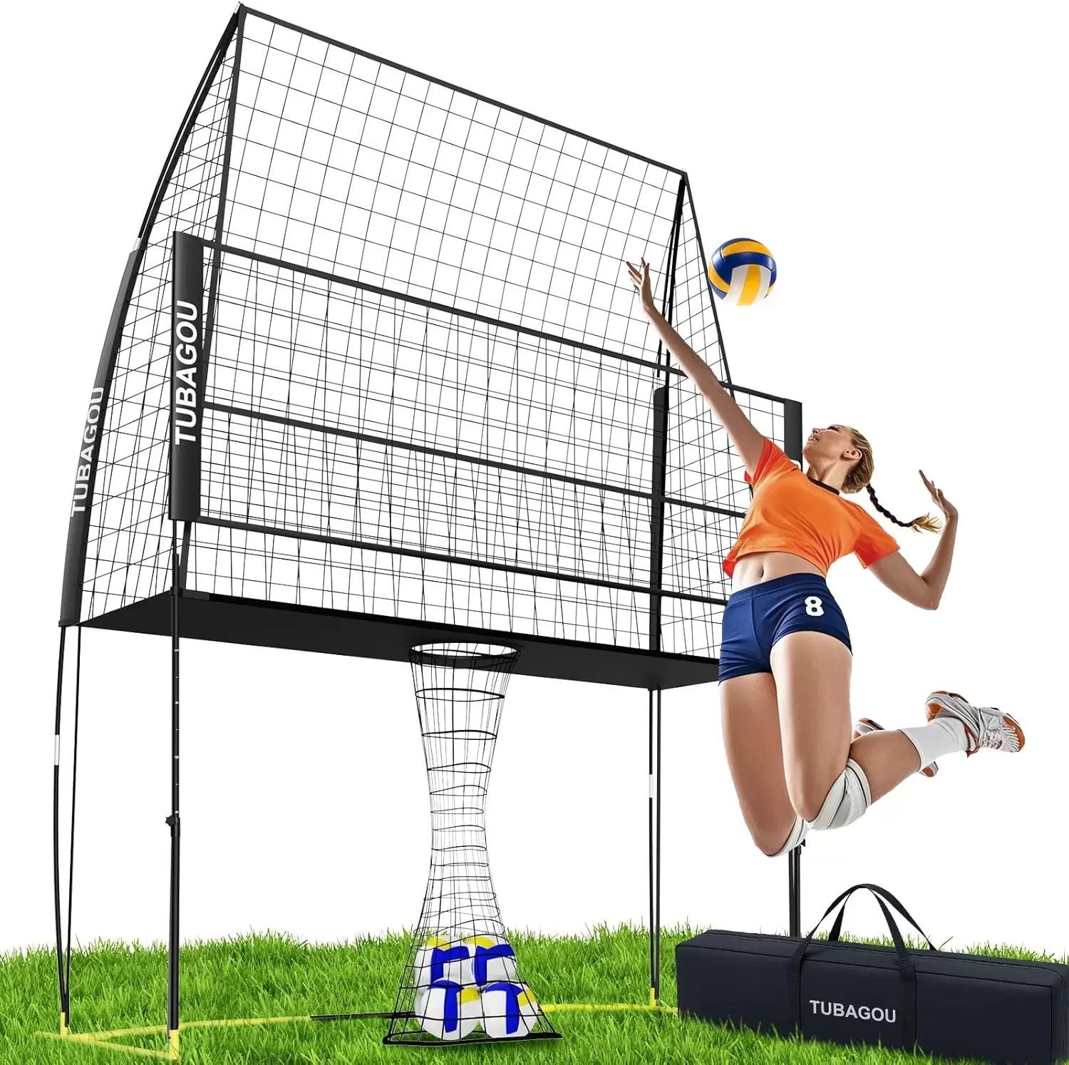 Rete da allenamento per pallavolo con altezza regolabile e sistema di recupero palla.